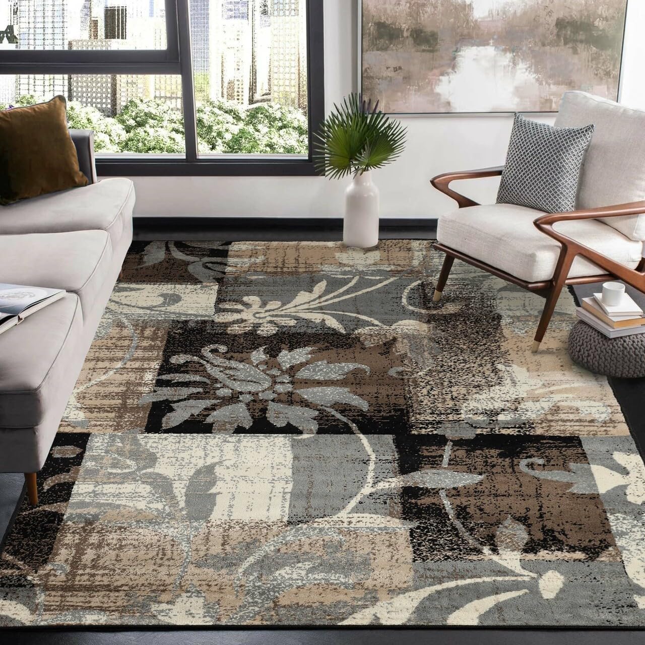 Photo 1 of **DIRT**Superior Indoor Area Rug, Jute Backed, Perfect for Office, Living/Dining Room, Bedroom, Kitchen, Hallway, Entryway, Floor, Modern Floral Patchwork Decor, Pastiche Collection, 5' x 8', Beige