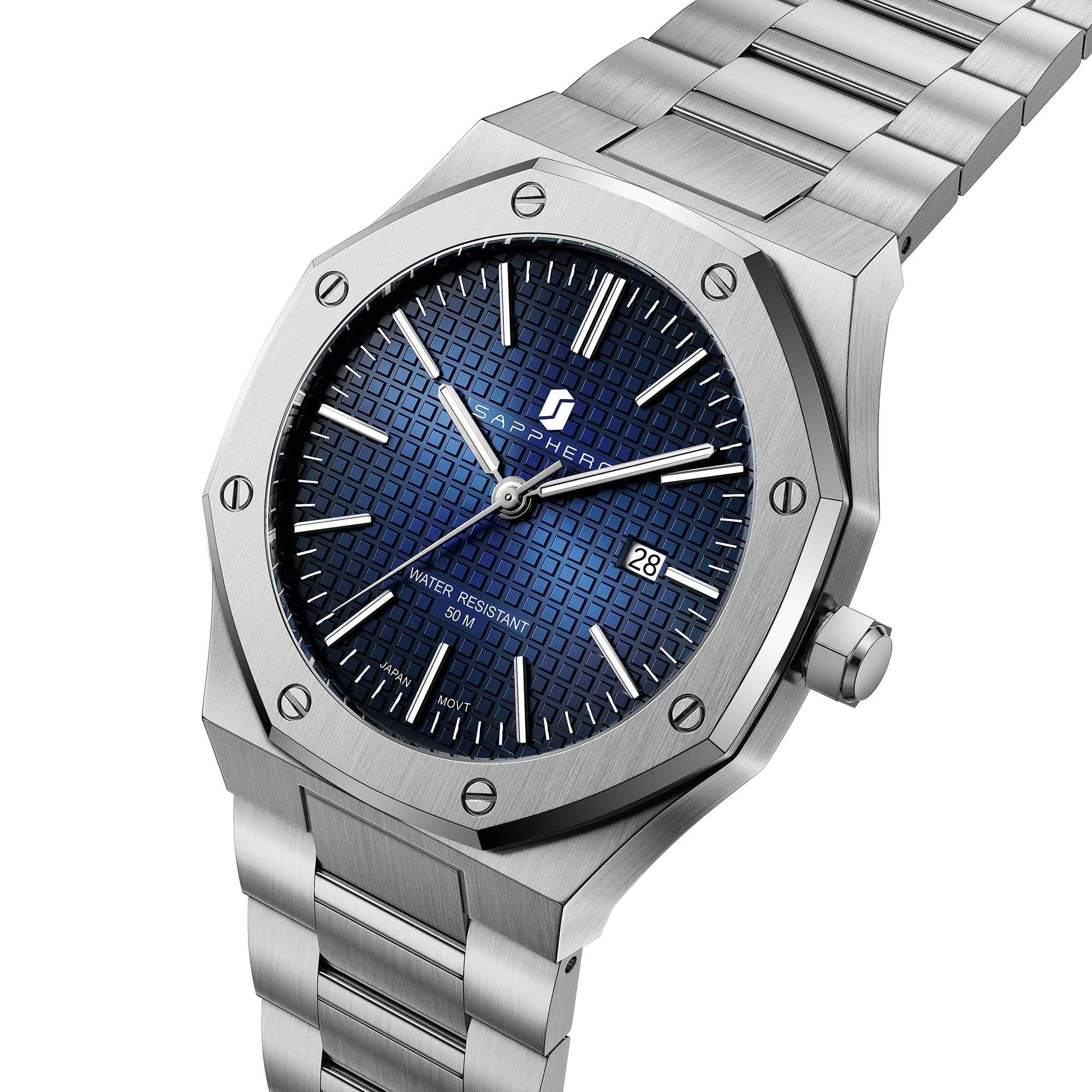 SAPPHERO Uhren Herren 30M wasserdichte Armbanduhr Herren Edelstahl Achteckig Herrenuhr Silber Quarz Japanische Uhrwerke Business Casual Leuchtende Uhr mit Date 8