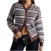 WDIRARA Women's Striped Cardigan Sweaters Long Sleeve V Neck Button Down Knit Outerwear