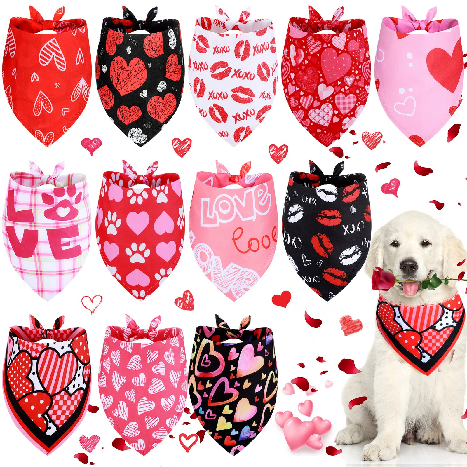 Photo 1 of 12 Pieces Valentine Dog Bandana Triangle Bib Scarf with Lip Heart and Love Patterns Reversible Pet Neckerchief Accessories for Dogs Cats Pets(Lip and Heart Pattern)