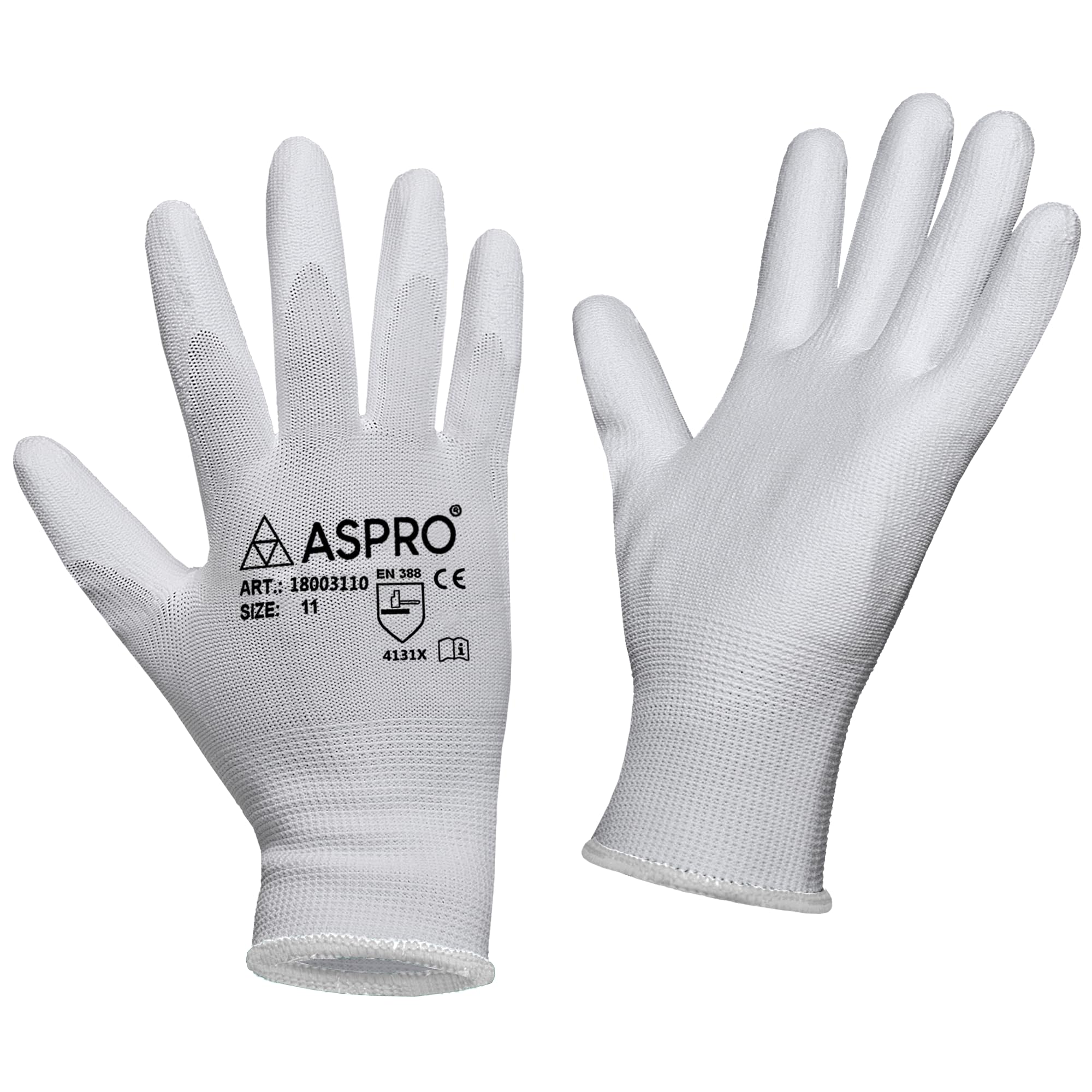 ASPRO 10 Pairs - Size XL(10) - White Nylon PU coated work gloves for builders, gardeners, etc 10 pairs, X-LARGE(size 10)