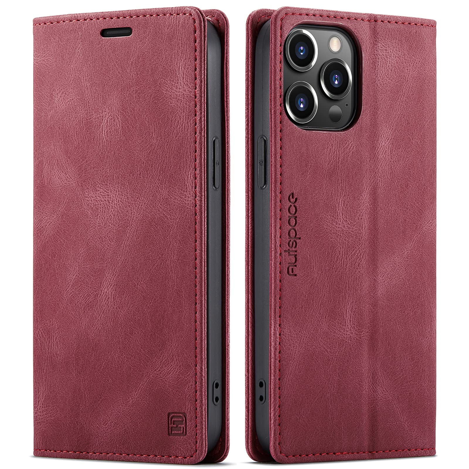 LOLFZ for iPhone 14 Pro Wallet Case, Magnetic Flip Leather Case with RFID Block Card Slots Kickstand Shockproof Protective Cover Compatible with iPhone 14 Pro - Red