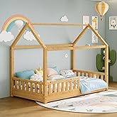 Jocisland Twin Size House Bed for Kids with Guardrails, Natural Wood | 100% Solid Wood Construction, Removable Rails, Full Surround Guardrails, Playhouse Roof Design,for Boys and Girls
