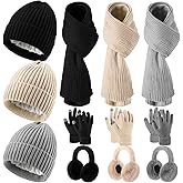 ShinyMatch 12 Pcs Winter Hat Gloves Scarf Earmuff Set Beanie Pompom Fleece Lining Hat Touch Screen Gloves Knitted Scarf