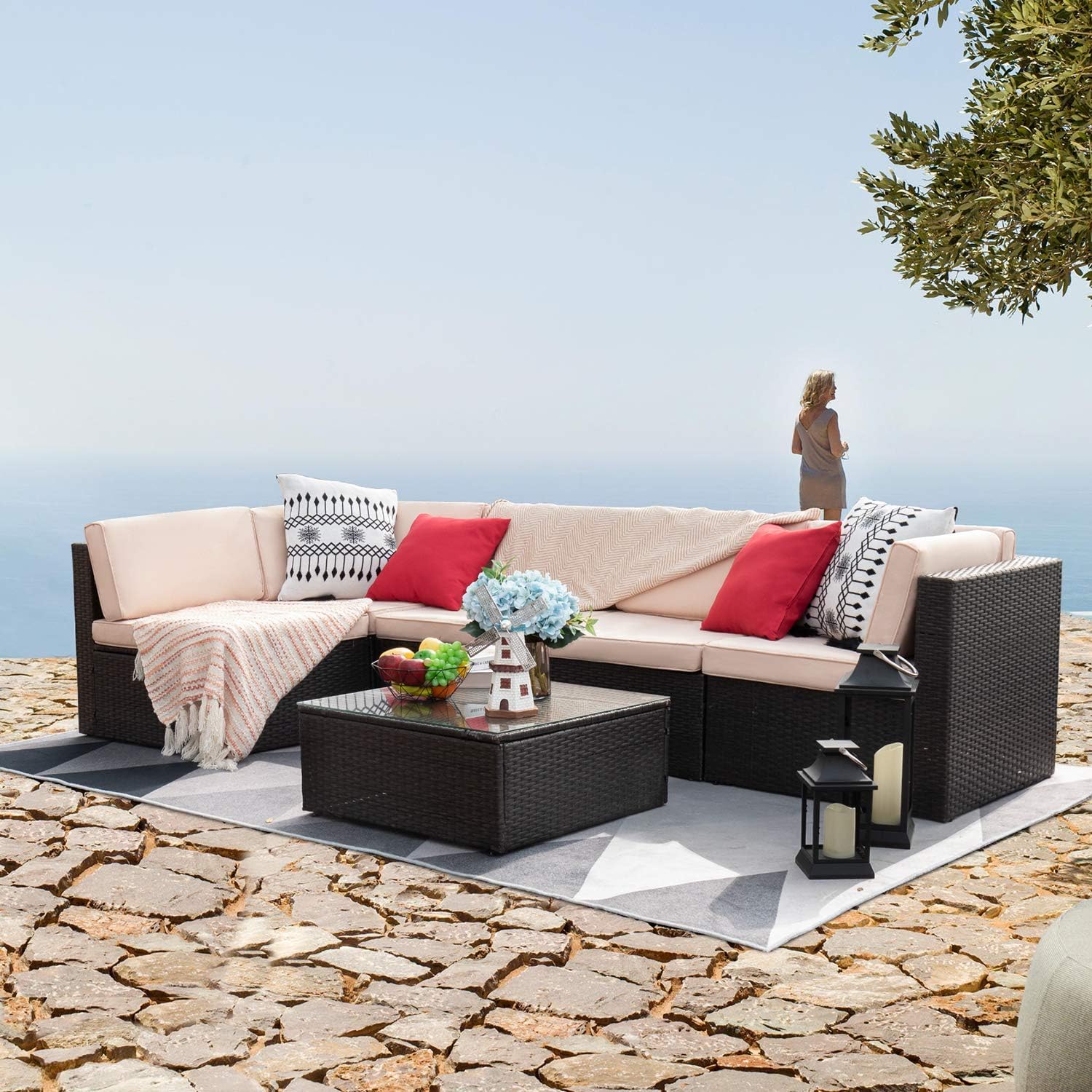 Devoko Patio Furniture Sets 6 Pieces Outdoor Sectional Rattan Sofa All-Weather Manual Weaving Wicker Patio Conversation Set with Glass Table and Cushion (Beige): Garden & Outdoor