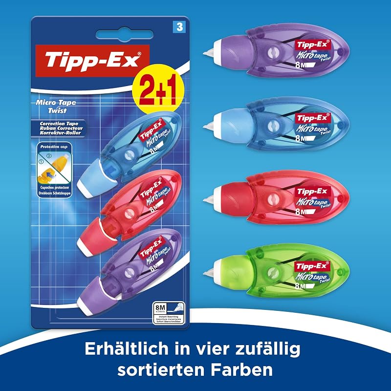 Tipp-Ex Korrekturroller Micro Tape Twist mit Schutzkappe, in 3 Farben (nicht wählbar), 8m x 5 mm, 3er Pack, Ideal für die Schule