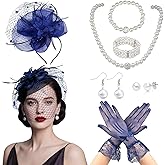7Pcs Fascinators for Women,20s 50s Tea Party Fascinator Hats for Women,Feather Pearl Veil Tea Party Hats and Jewelry Set