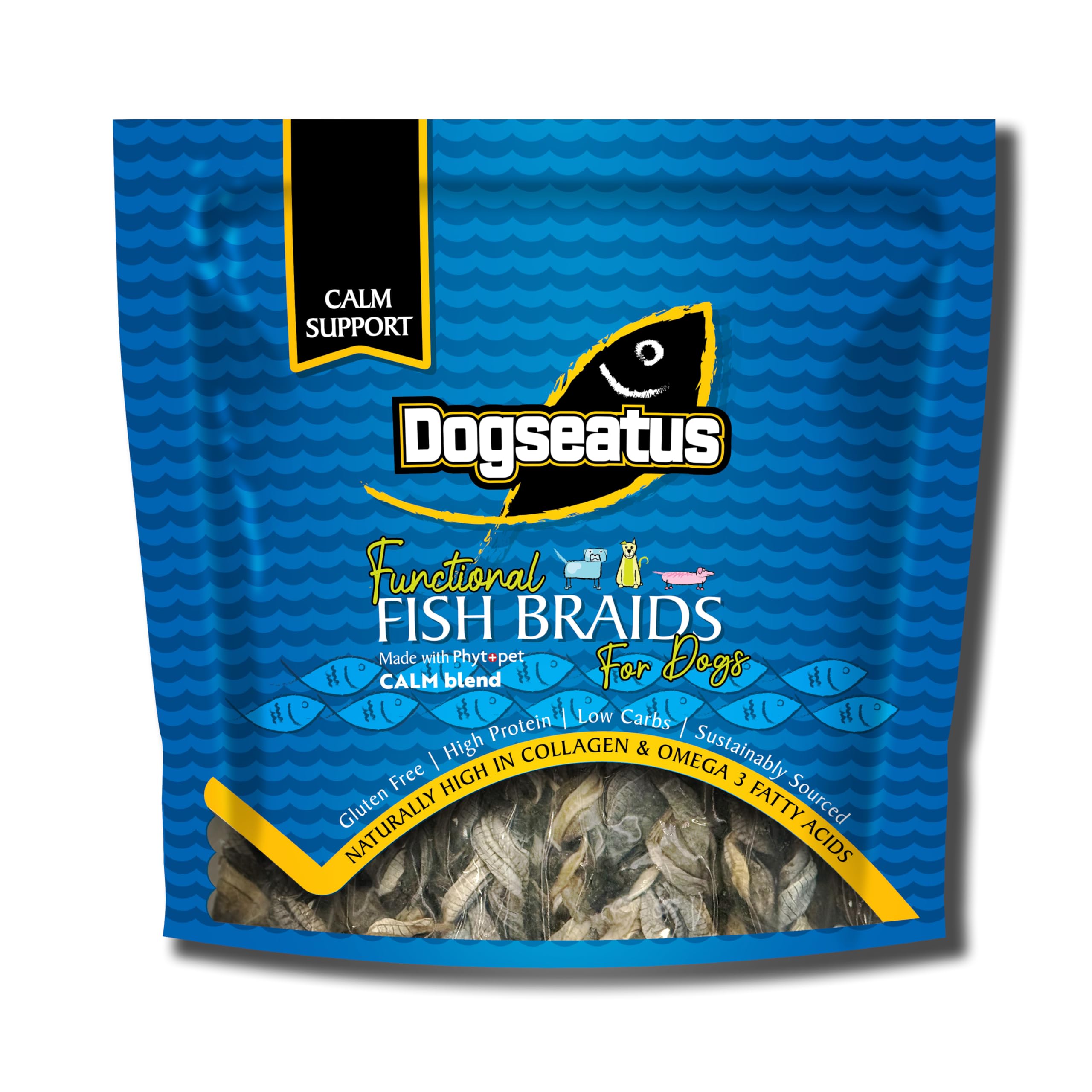 Pet Natural Dogseatus Fish Skin Braids Calming with Valerian, Skullcap & Passiflora 100% Natural, Omega 3 & Collagen Rich Chews Long-Lasting Rawhide Alternative 500g