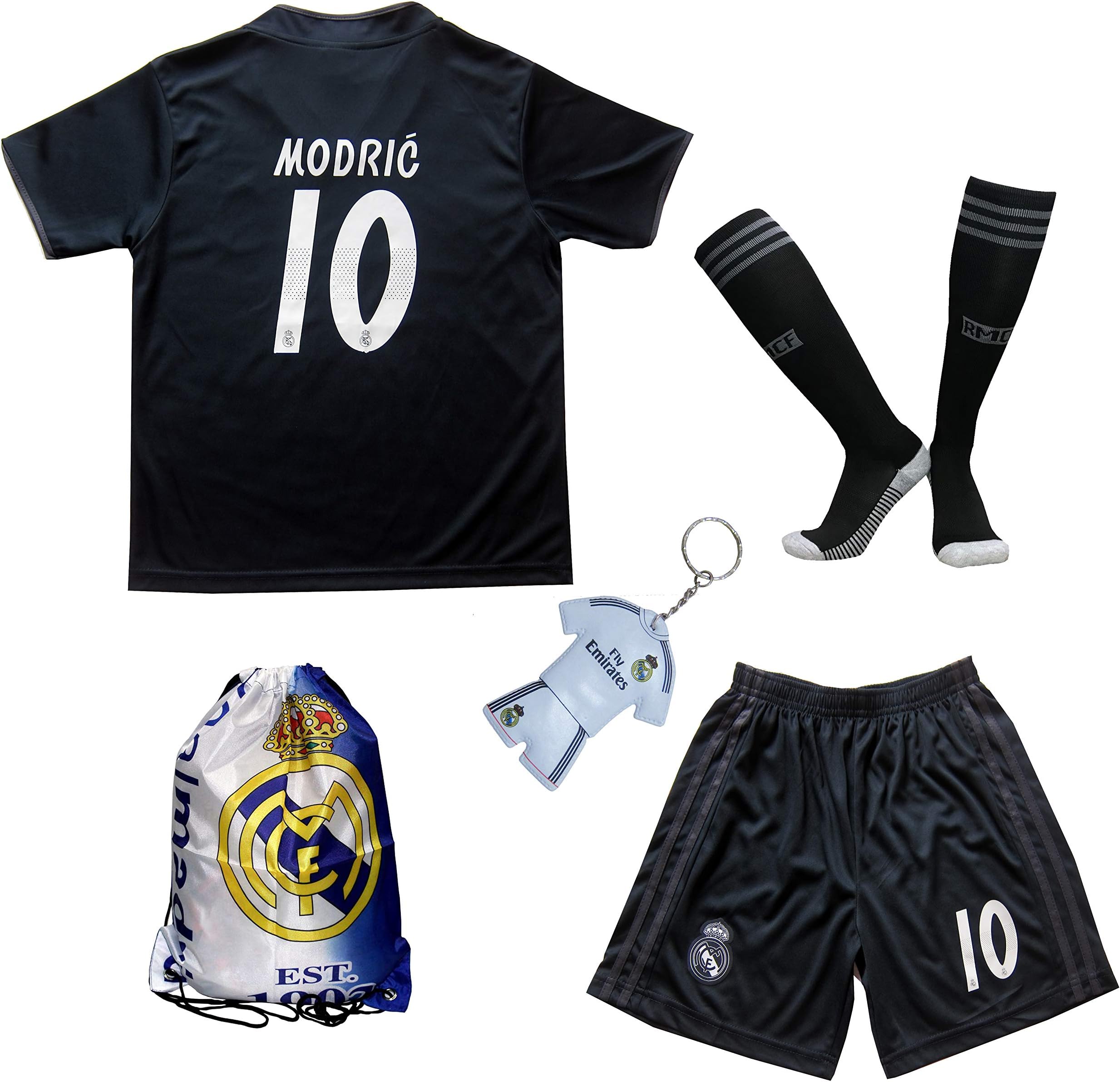 GamesDur 2018/2019 Real Madrid Luka Modric #10 Away Black Football Soccer Kids Jersey & Short & Sock & Soccer Bag Youth Sizes