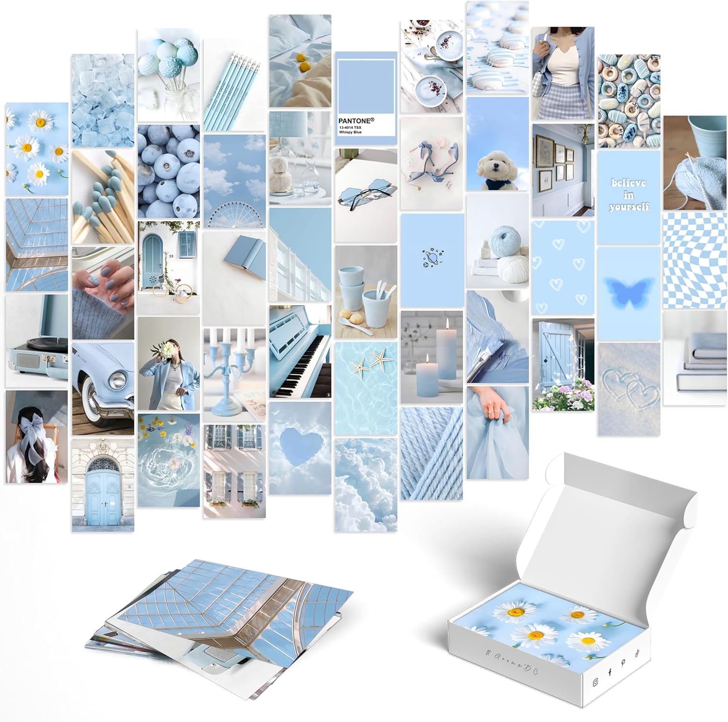 Wall Décor - Grimm DC Baby Blue Dreams Wall Collage Kit | Aesthetic Tranquil Blue-Toned Pictures | Trendy Decor for Serene Spaces | Dorm Soft Pastel Art | 4