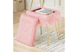 MOOWIND Vanity Stool Chair Faux Fur with Storage, Gifts for Women Makeup Chair Fluffy Ottoman with Non-Slip Feet for Bedroom Living Room