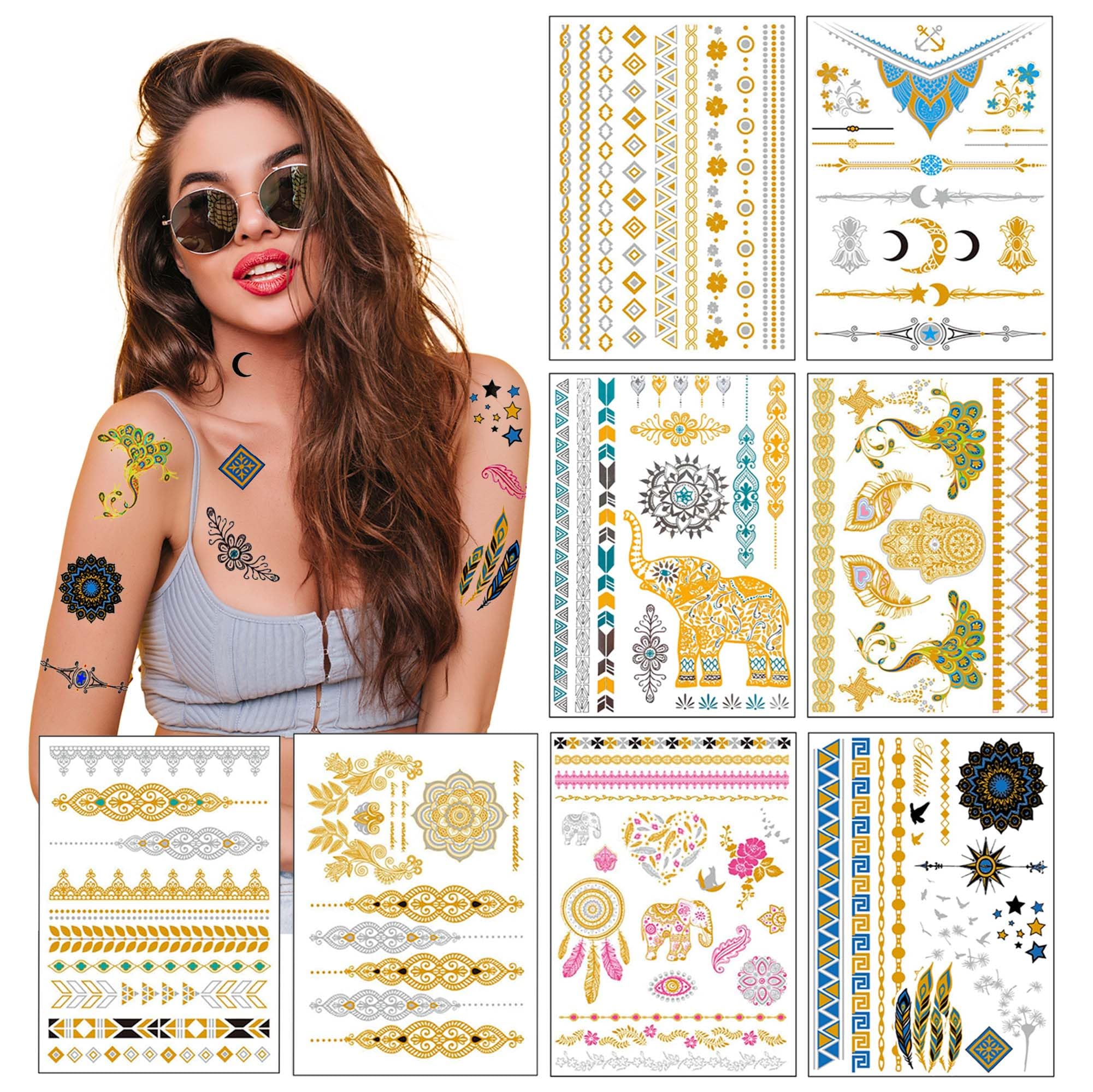 Metallic Temporary Transfer Tattoos for Women Teens Girls - 8 Sheets Gold Silver Temporary Tattoo Shimmer Glitter Designs Jewellery Tattoos - 100+ Colour Flash Fake Waterproof Tattoo Stickers (Aruba)