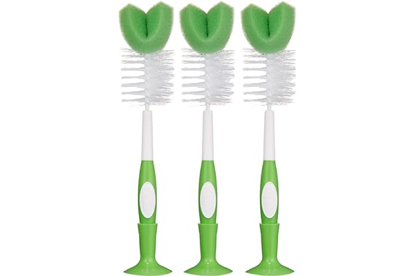 Amazon Brand - Mama Bear Baby Bottle Brush with Nipple Cleaner and Suction Cup Stand, White (Pack of 3)