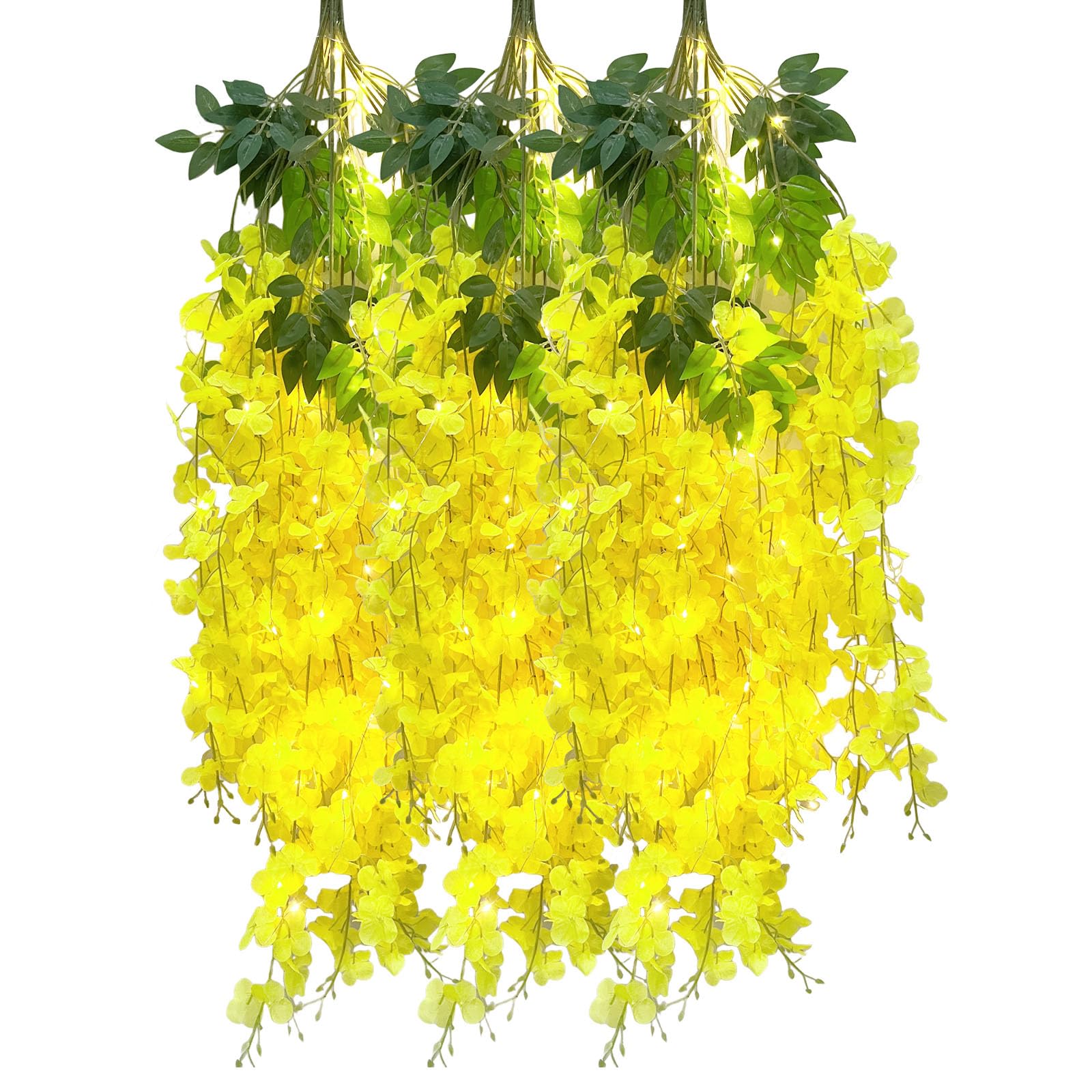 12 Pack Yellow Wisteria Hanging Flowers Garland with Lights, 3.44 Feet Artificial Flower Vines, Fake Wisteria, Artificial Vines Hanging Garland for Backdrop Outdoor Patio Garden Decor