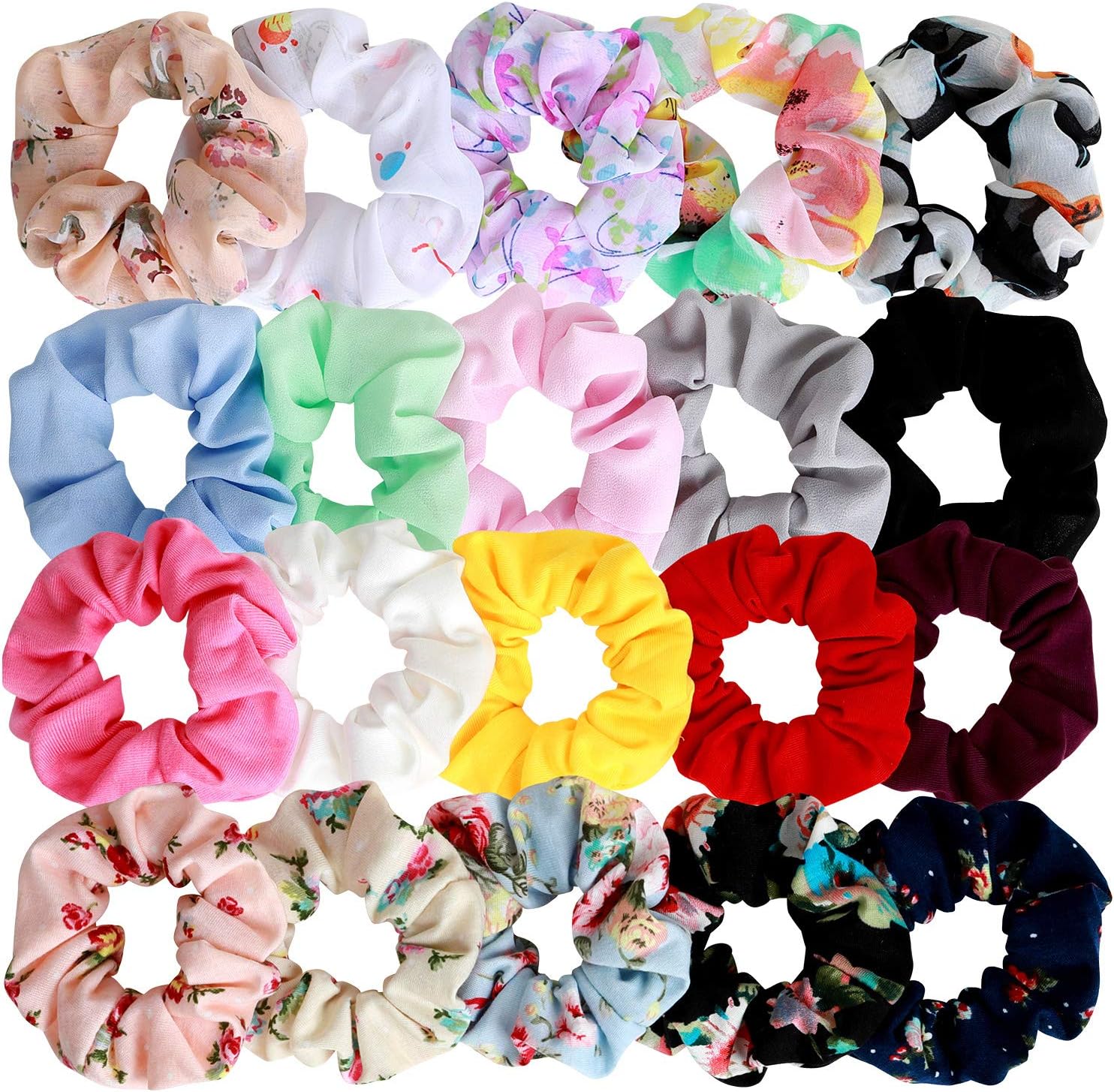 20 Pack Hair Scrunchies Hair Ties Elastic Hair Bands Scrunchy Hair Accessories for Women or Girls - 5 Solid Colored Chiffon,5 Flowered Chiffon, 5 Solid Colored Cotton, 5 Soft Flowered Cotton