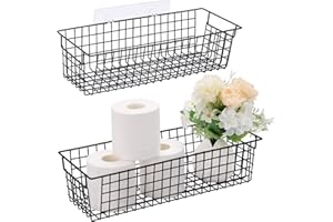VITVITI Toilet Paper Holder with Handle, Metal Wire Basket Storage Organizer, for Bathroom/Wall Mounted/Toilet Tank, Set of 2, Black