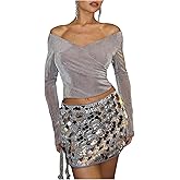 SweatyRocks Women's Sparkly 2 Piece Outfits Off The Shoulder Crop Top and Sequin Bodycon Party Mini Skirt Set