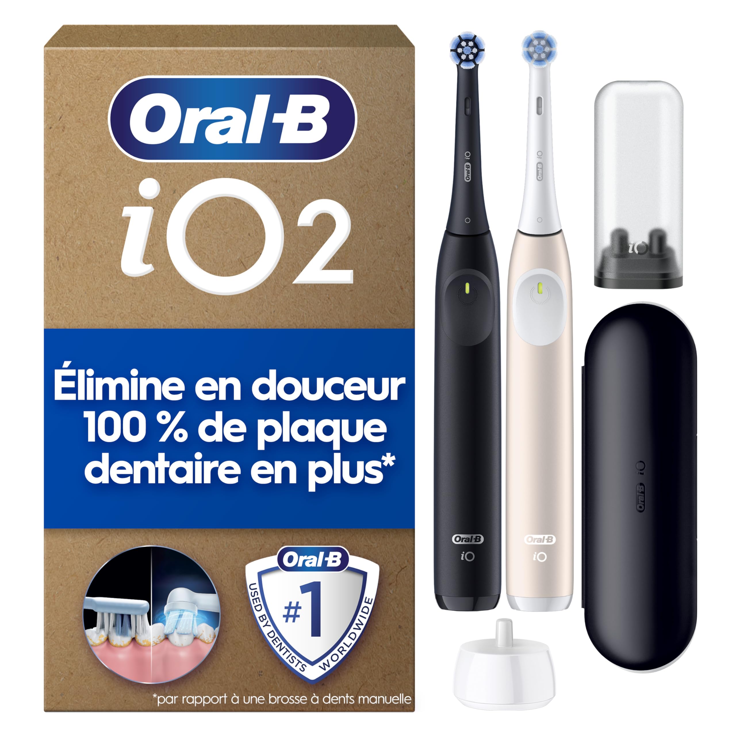Oral-B Brosse A Dents Electrique iO 2, Pack Duo, Manches Noire Et Rose Clair, 3 Modes De Brossage Silencieux Dont Douceur, Capteur De Pression, 2 Brossettes Oral B De Rechange, Etui De Voyage