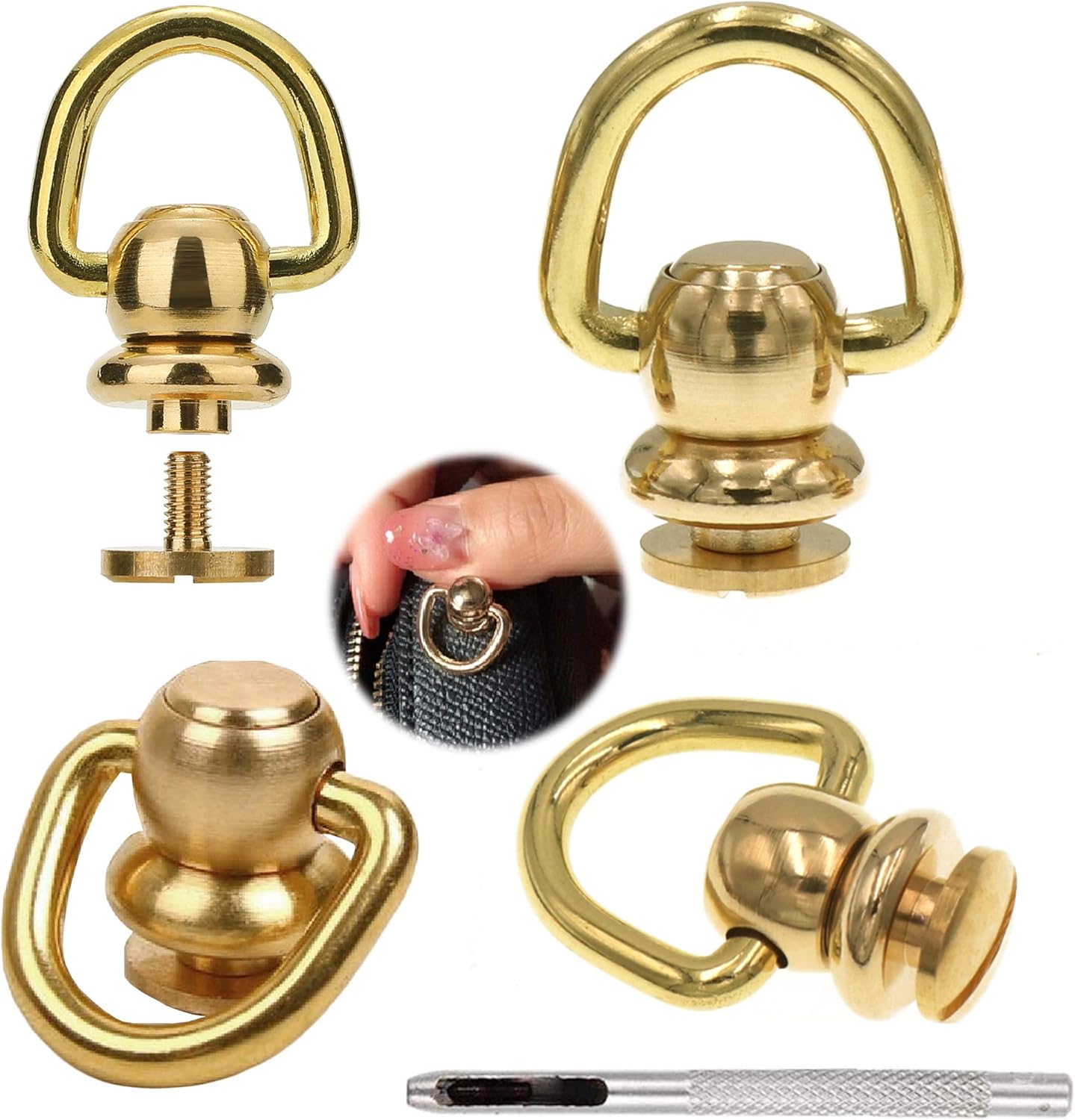 Brass Ball Studs Rivets D Ring for Leather Crossbody Purse Craft