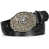 LALATCH Cowboy Western Belts for Men Woman, Cowboy Cowgirl Belt Embossed Western Country Buckle Leather Belts for Jeans
