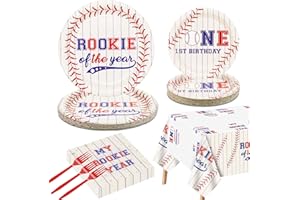 QUERICKY Baseball 1st Birthday Party Supplies for 20 Guests, Disposable Tableware Set includes Rookie of The Year Paper Plates, Tablecloth, Napkins and Forks for Boys Baby First Baseball Party Decorations
