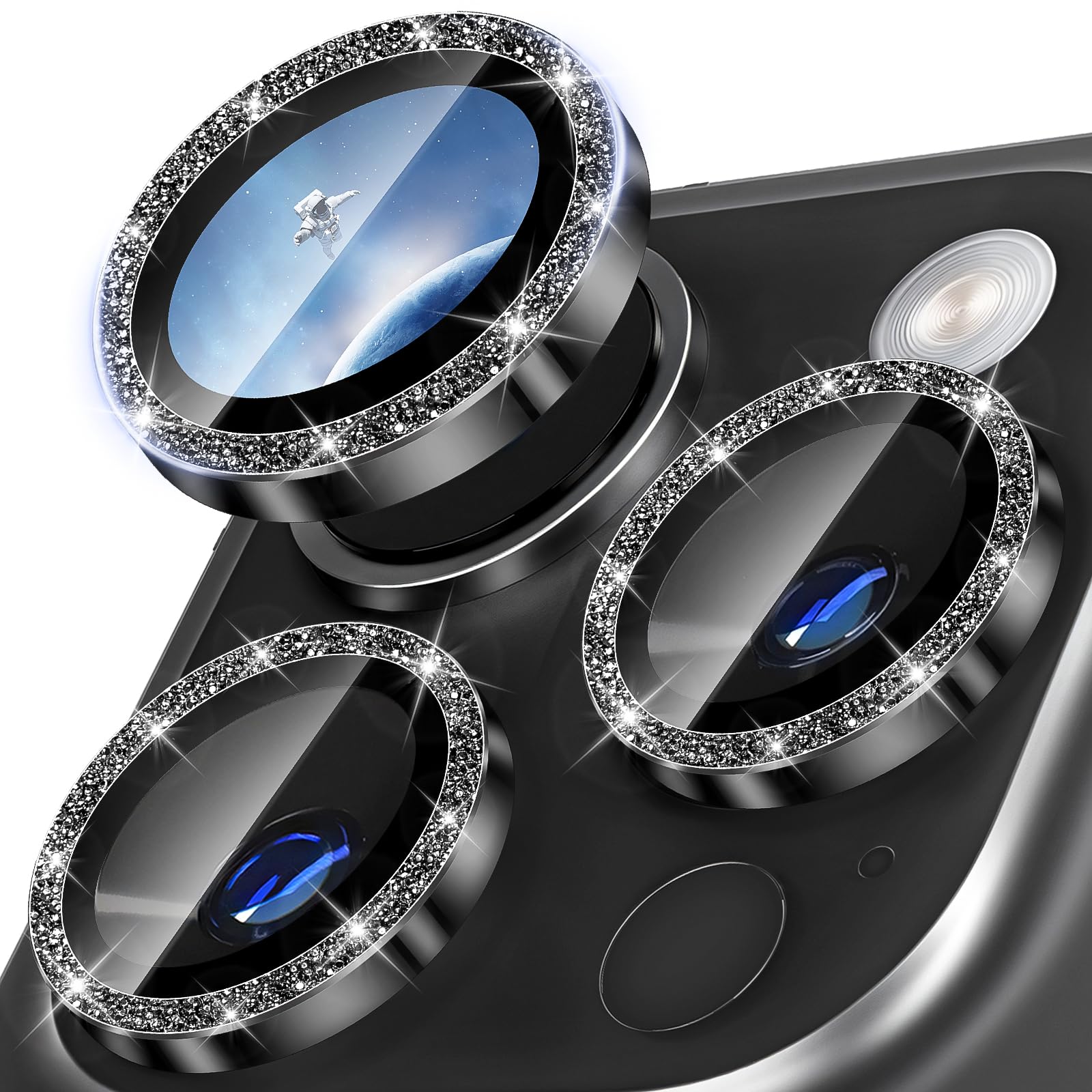 Diruite Camera Protector for iPhone 16 Pro/16 Pro Max Camera Lens protector,Glitter Decoration HD Tempering Glass+Aluminum Rim Lens Cover,Black Titanium