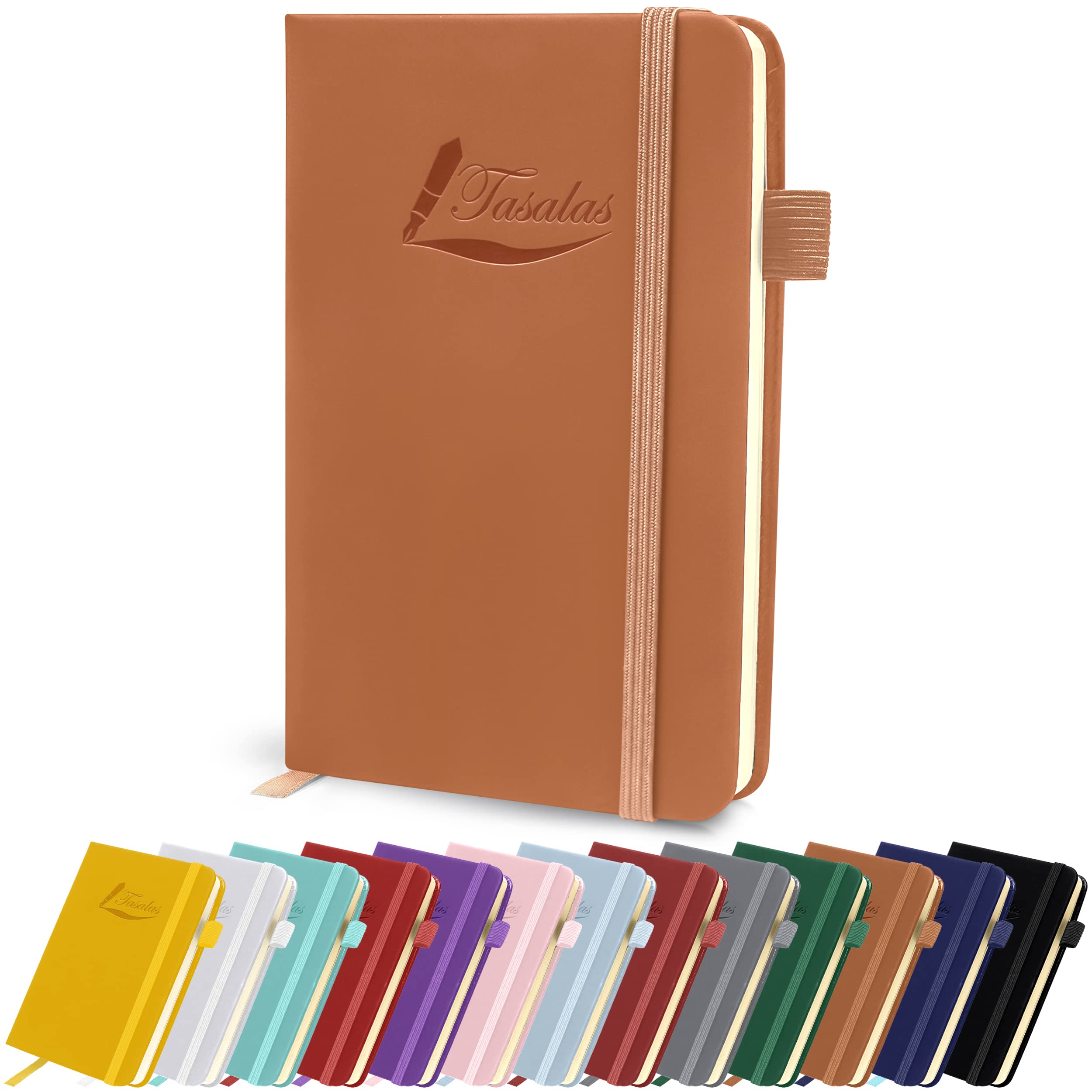 Tasalas Pocket Notebook Portable A6 Notebooks with Inner Pocket and Elastic Band - 80 GSM Lined Paper Notepad, 196 Pages (98 Sheets) Soft & Durable PU Leather Cover (Brown)