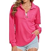 AVAMO Waffle Knit Shirts Women Oversized Long Sleeve V Neck Button Down Shirts for Women Trendy Casual Solid Color TunicTops