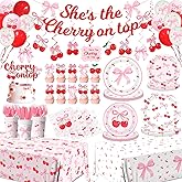 Pink Bow Party Supplies,208Pcs Coquette Birthday Party Decorations Includes Bow Cherry Paper Plates and Napkins,Cups,Banner,Tablecloth,Balloons,Serves 24 for Girls Bachelorette Party