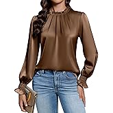 Blooming Jelly Womens Dressy Casual Blouses Keyhole Satin Silk Tops Pleated Business Dress Shirts 2026 (XL, Brown)
