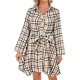 FANCYINN Womens Plaid Shirt Dress Pleated Front Chest Irregular Hem Buttons Autumn Casual Long Sleeve Checker Flannel Dresses Apricot & Black S