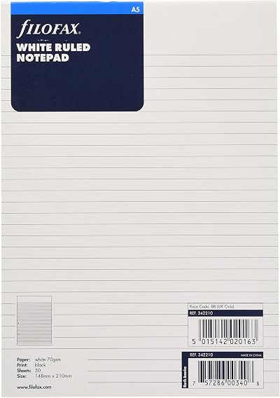 Filofax A5 Ruled Notepad White 148x210mm 6 Hole Refill 50 Leaves