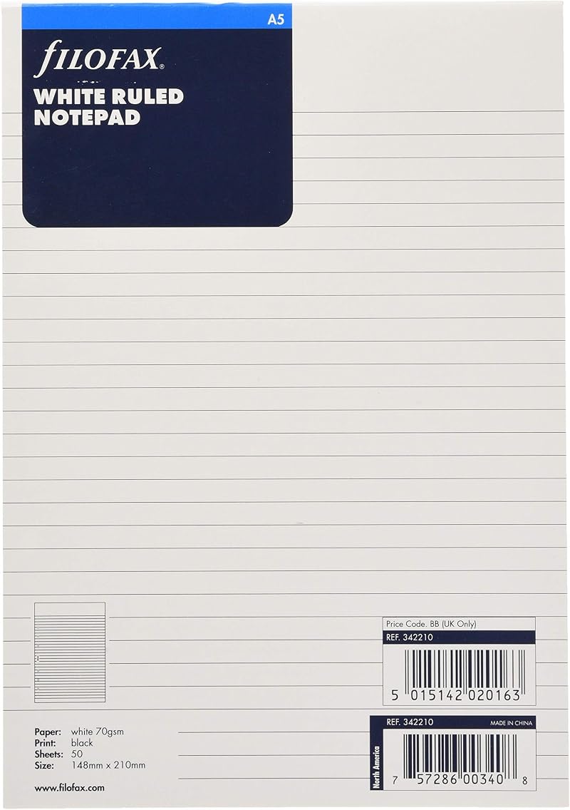 Filofax A5 Ruled Notepad White 148x210mm 6 Hole Refill 50 Leaves