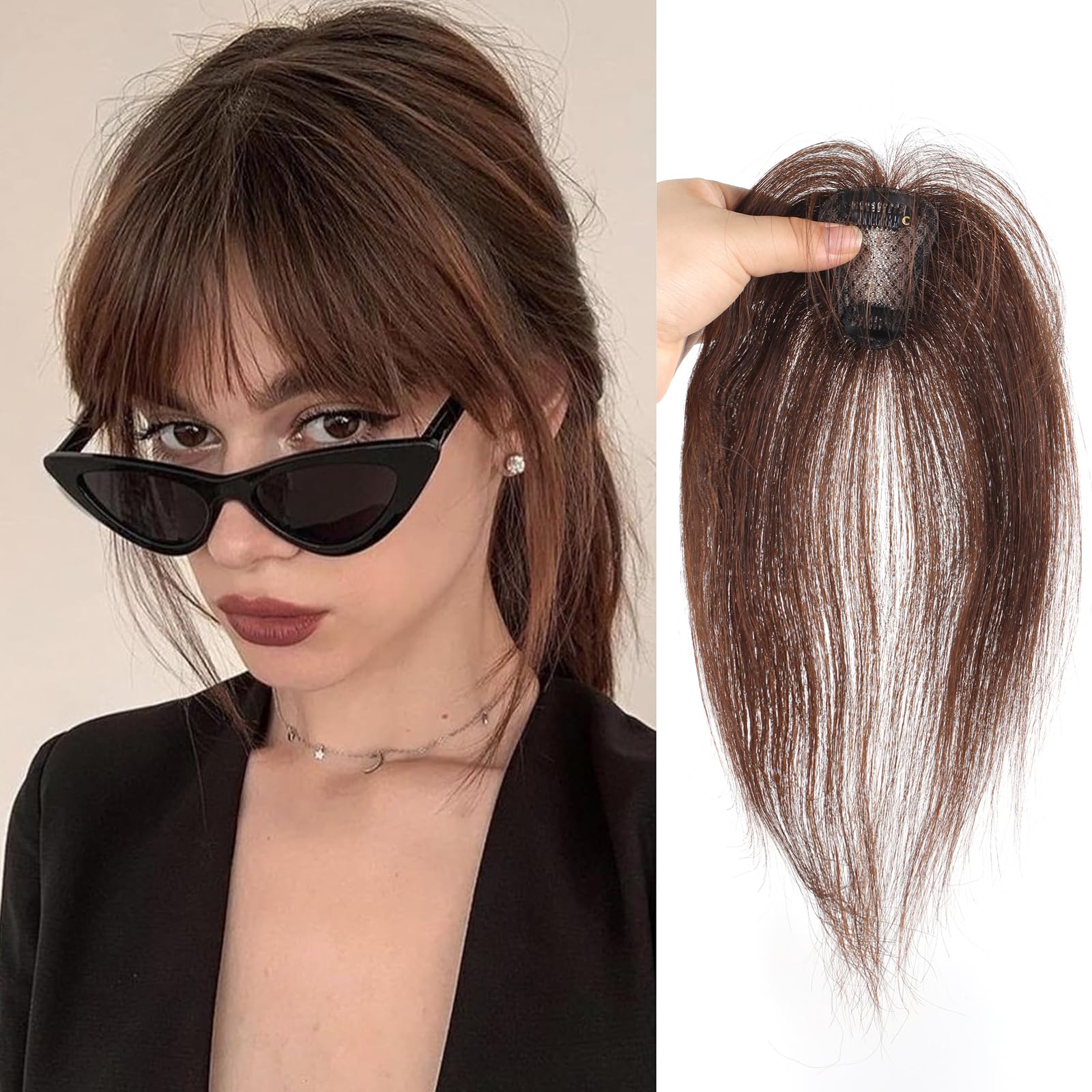 Clip In Fringe Bangs 360° 3D Cover Clip in Bangs 100% Real Human Hair Toppers with Bangs，Light Brown Hair pieces Clip on Bangs for Women Fake Bangs for Daily Wear — image 1