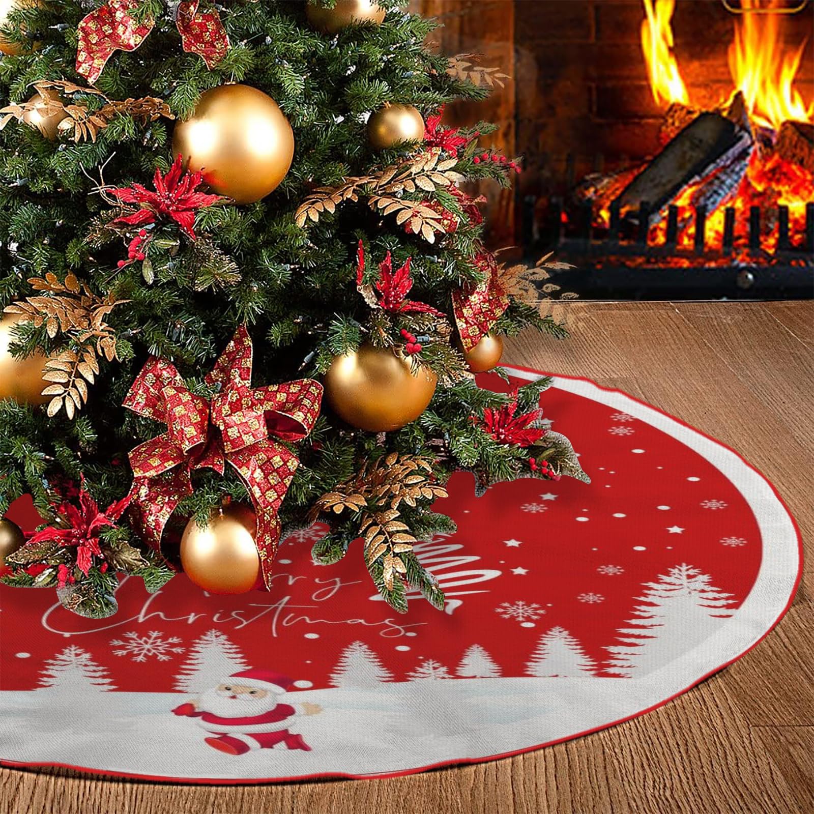 Christmas Tree Skirt, Red Xmas Tree Ornaments Linen Christmas Tree Mat with Snowy Santa Claus Pattern for Decorations Holiday Party 48 Inches(120cm)