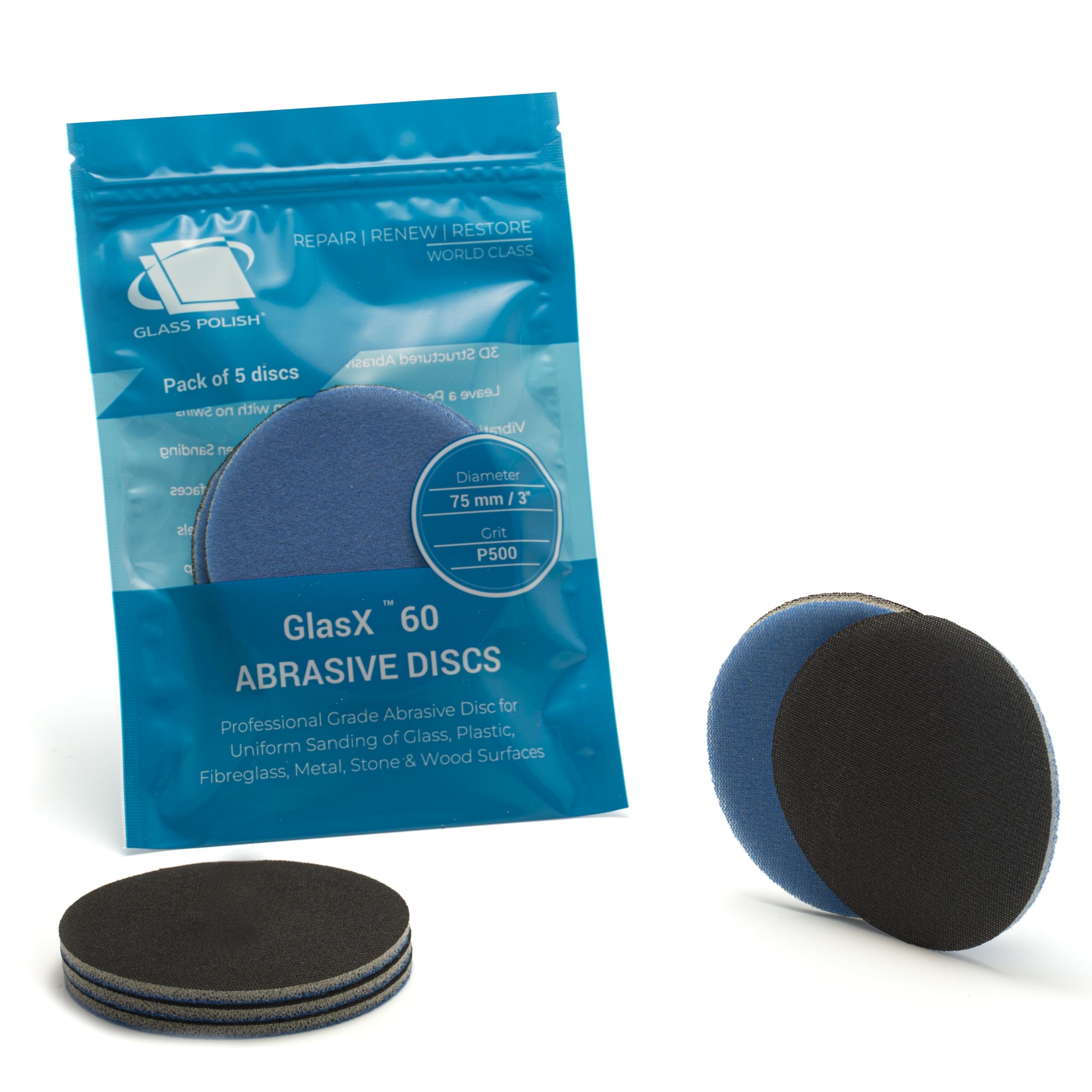 Glass Polish 3 inch (75mm) 500 Grit Pack of 5 Sanding Discs for Rotary Polisher - Foam Backed Silicon Carbide Abrasive P500 - GP14302