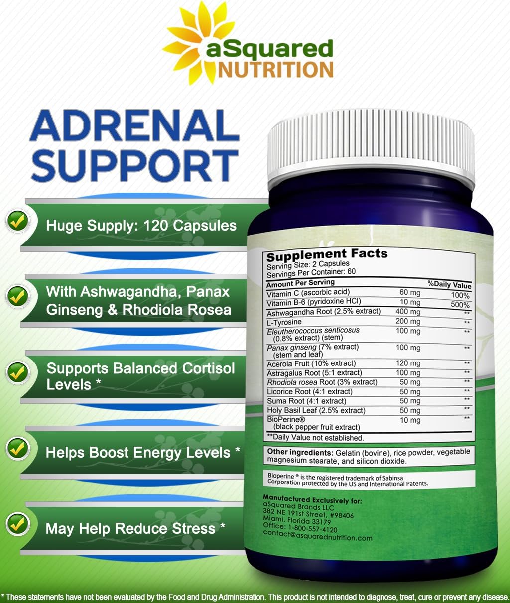 Adrenal Support & Cortisol Manager Supplement (120 Capsules) - Adrenal Health w/Vitamin C Complex Pills to Support Fatigue & Calm Stress Relief - Ashwagandha, L-Tyrosine, Rhodiola & Ginseng: Health & Personal Care
