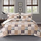 Comforter Set Queen Size Plaid Patchwork Comforter Bedding-7 Piece Bed in a Bag,Soft Fluffy Reversible Microfiber Bedding Set(1 Comforter,1 Flat Sheet,1 Fitted Sheet,2 Pillowcases,2 Pillow Shams)Beige