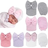 BQUBO Newborn Baby Caps Mittens for Baby Girls Baby Hats Scratch Mitten Gloves Set Soft Hospital Hat Infant Hats with Bow