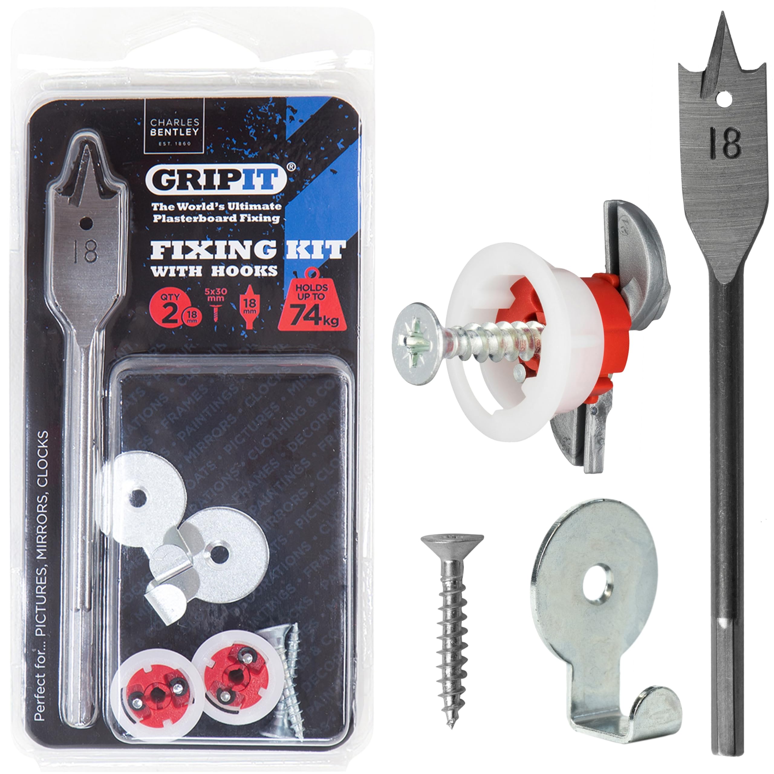 Gripit Red Mirror Hanging Kit - Heavy Duty Plaster Board Wall Fixing – Pack of 2 – Holds Up to 74kg – Clocks, Mirror Fixings & Picture Hanging Kit – Easy to Install – UK Designed