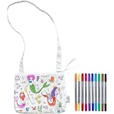 eatsleepdoodle Cotton Mermaid Coloring Crossbody Bag, 10pk Washable Markers | 8.5x7in bag with an adjustable strap, non-toxic ink washes out in a warm cycle, a great birthday gift