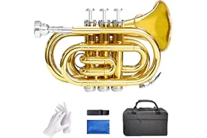 HauKuidt Pocket Trumpet,Solid Brass Lacquered Gold Pocket Trumpet in B Flat with 7 C Mouth, Carrying Bag, Suspenders, White Gloves, Cleaning Cloth, Pocket Trumpet for Students and Beginners (Brass)