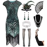 Women's Flapper Dresses 1920s Sequin Fringe Beaded Cocktail Crew Neck Dress Roaring 20s Accessories Vintage Lace Fan Headband