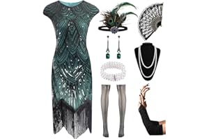 VILLBECOSER Women's Flapper Dresses 1920s Sequin Fringe Beaded Cocktail Crew Neck Dress Roaring 20s Accessories Vintage Lace Fan Headband