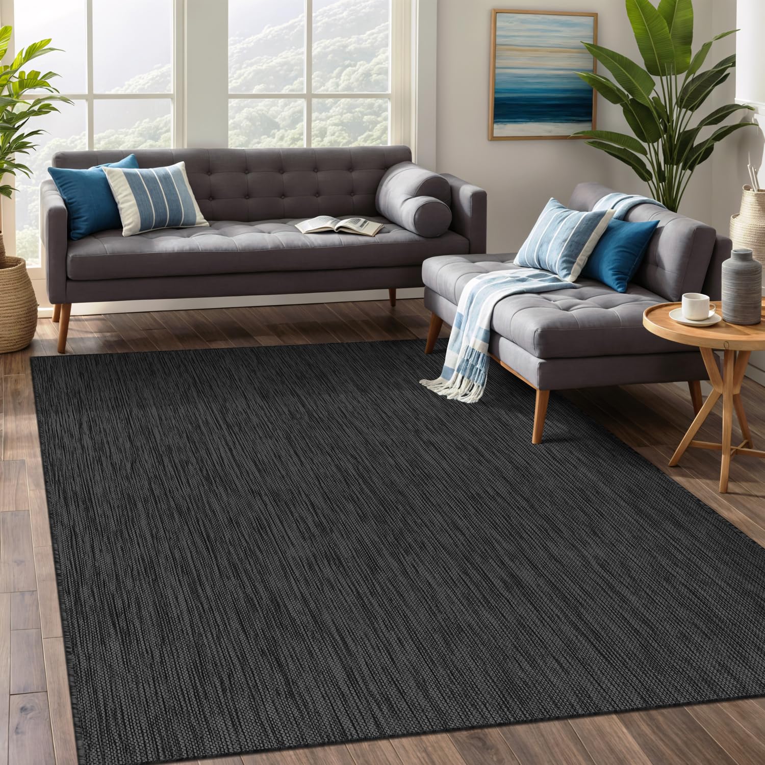 Beverly Rug Indoor Outdoor Rug 5x7, Washable Outside Carpet for Patio, Deck, Porch, Solid Modern Area Rug, Water Resistant, Dark Gray Image