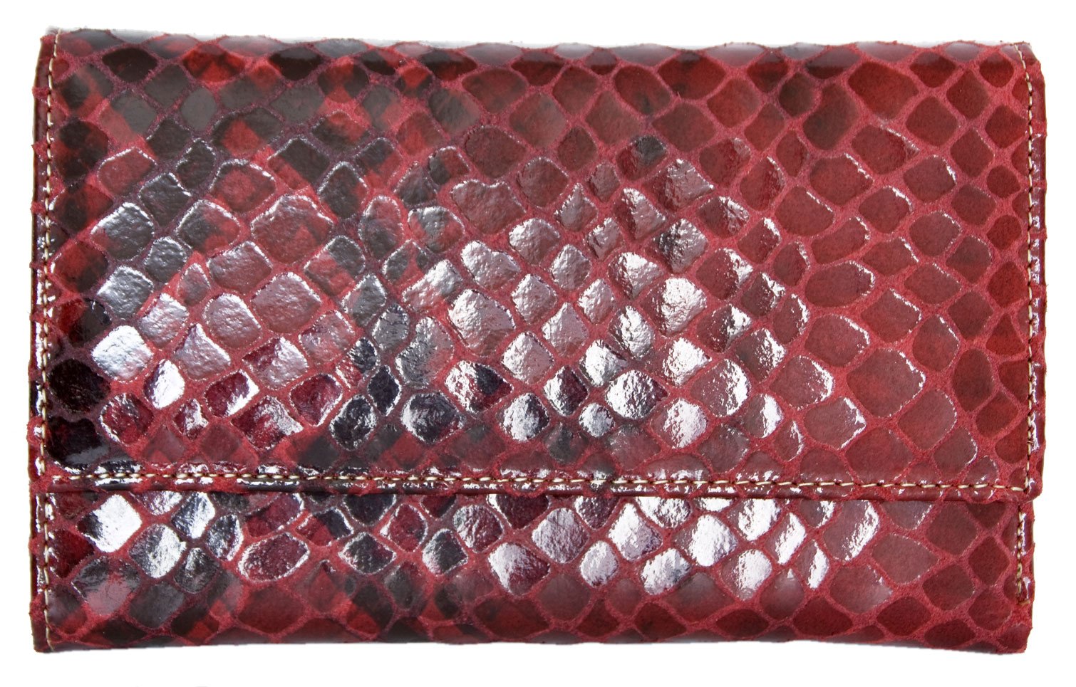 FLW Women's Red Genuine Leather Wallet Made of Cowhide with Snake Surface Imitation