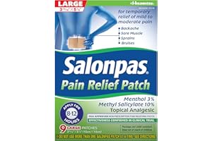 Salonpas Pain Relief Patch, 9 Count Large (Pack of 1), Up to 12 Hours Temporary Relief of Mild to Moderate Pain, Backache, Sore Muscle, Sprains, Bruises