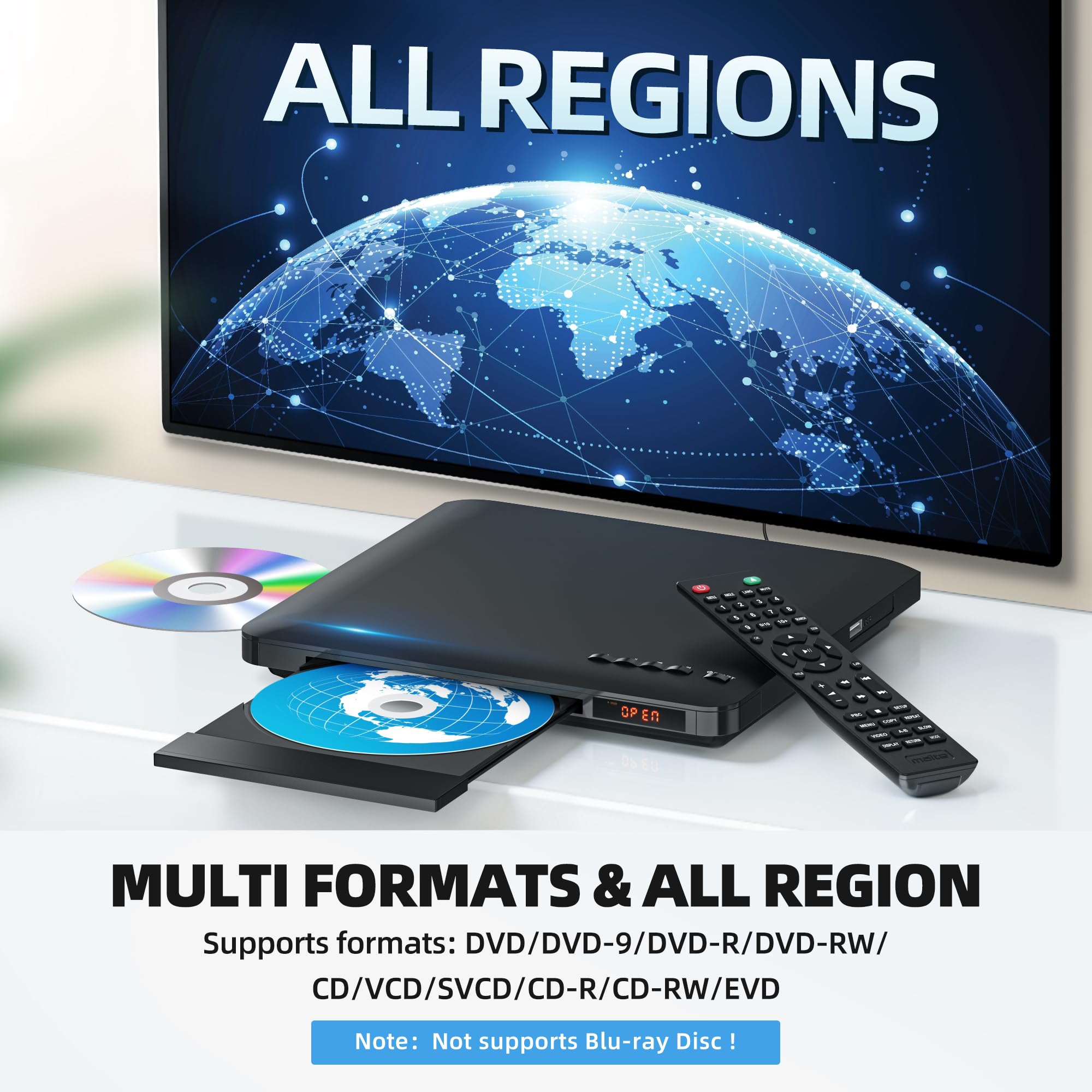 Ultra Slim DVD Player, Thinnest HDMI AV DVD Players for TV, 0.6 Inch Design with Region Free & Colourful HD Pixels, Supports USB Playback, NTSC/PAL DVD Player with HDMI & RCA Cables, Remote Control.