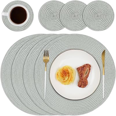Homcomodar Round Woven Placemats with Coasters Set of 4 Grey 34cm