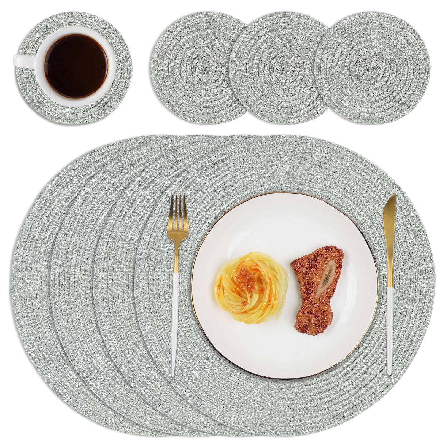 Homcomodar Round Woven Table Place Mats with Coasters Set of 4 Heat Resistant Placemats and Coasters Washable Braided Dining Table Mats Sets(Grey)